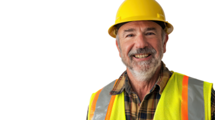 American caucasian middle age male engineer with safety helmet on white background

