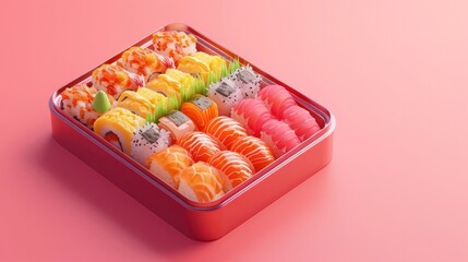 Visually Appealing Assortment of Freshly Prepared Sushi Delicacies Beautifully Displayed in a Bento Box on a Vibrant Pink Background
