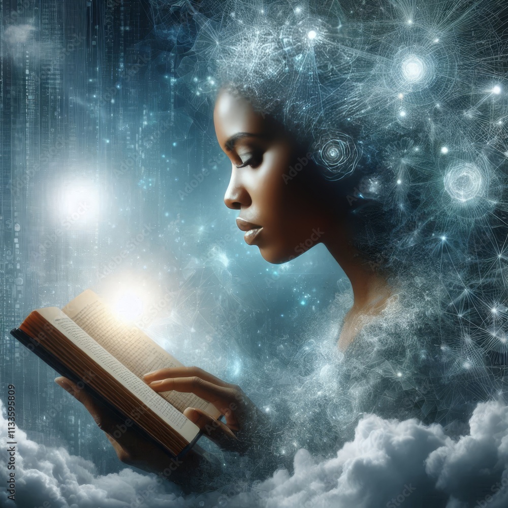 Poster a woman immersed in a book as her mind is depicted with digital neural networks and glowing spheres,