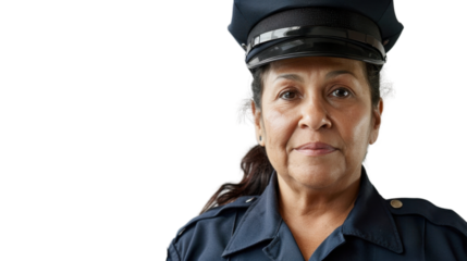 A police officer mexican middle age woman on white background
