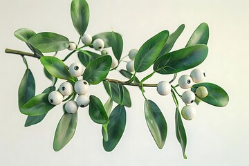 Close-up of a branch with green leaves and white berries, isolated on a white background.