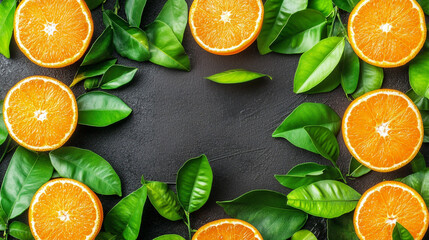 A close up of oranges and green leaves