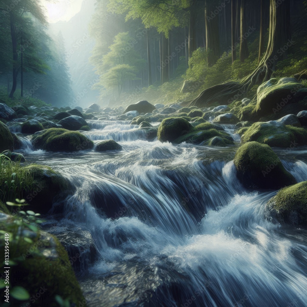 Poster a forest stream rushing through moss-covered rocks, surrounded by dense trees and soft sunlight filt