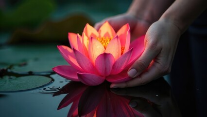 Hands gently hold a vibrant pink lotus flower floating on water with its reflection shown below. Vesak, Loi Kratong, Visakha Bucha 