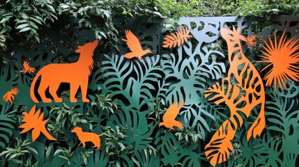 Obraz premium Orange animal silhouettes on green foliage metalwork.