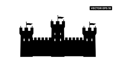 A silhouette of a castle with towers and flags, suitable for graphic design and illustration.