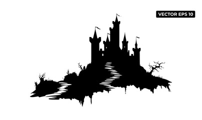 Fototapeta premium A silhouette of a castle on a hill, featuring towers, flags, and a winding path.