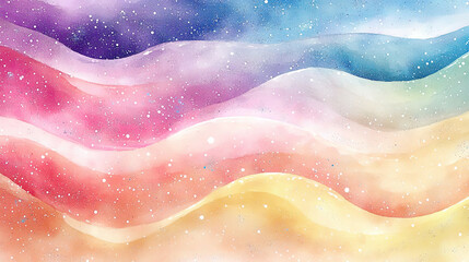 Obraz premium Pastel rainbow waves, cosmic speckles and starry accents, glowing fluid abstract pattern, watercolor-like feel 