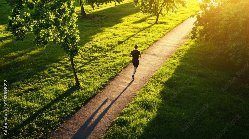 Aufkleber a solitary runner makes their way along a winding path in a lush green park as the sun sets, creatin