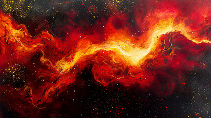 Swirling red and orange cosmic clouds with dark undertones, illuminated with sharp gold streaks and white dots, dramatic and vibrant, 