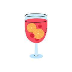 Punch drink in glass with citrus slices and cranberry berries. Cute hand drawn vector illustration of festive red beverage in wineglass for Christmas, New Year, birthday