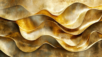 Textured golden waves cascading with layered depth, intricate details, ultra-realistic sheen, abstract folds, 