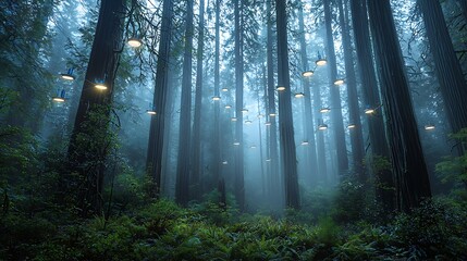 Obraz premium Enchanting foggy forest path illuminated by glowing lights hanging from tall trees.