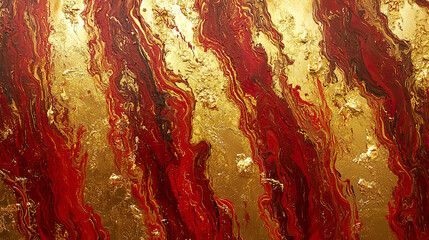 Vertical molten streaks of red and gold, thick textured paint with glossy finish, flowing abstract...
