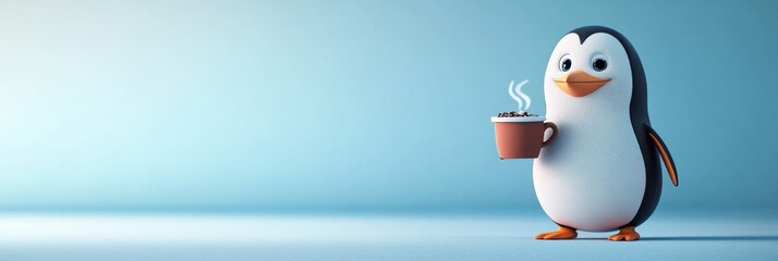 Obraz premium Animated Penguin Character, Holding Coffee Cup, Near Water Body, Under Clear Sky for Illustrations