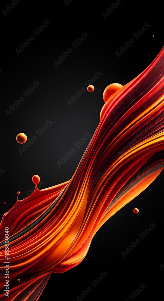 Poster vibrant orange red liquid swirls dynamically flowing abstract wave splash.