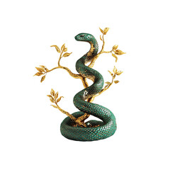 Obraz premium Emerald Green Snake Coiled Around a Gilded Tree Sculpture
