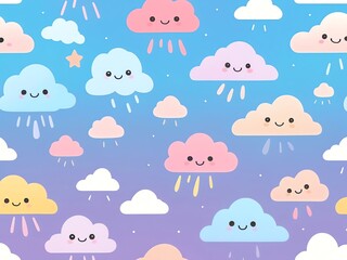 Adorable Rainbow Clouds Seamless Pattern: A Delightful Sky of Smiling Clouds