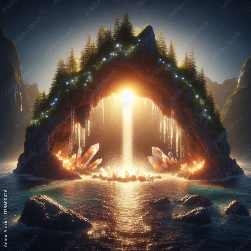 Poster a grand cave with a cascading waterfall surrounded by glowing crystals, as sunlight streams through 