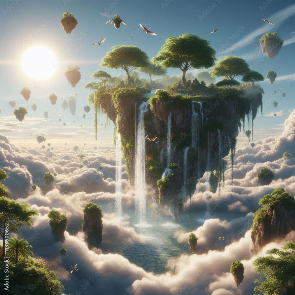 Poster a mesmerizing floating island adorned with lush trees and cascading waterfalls hovers above a sea of