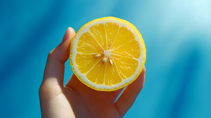 A hand holding a vibrant yellow lemon slice with visible seeds against a clear blue background.