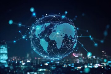 Fototapeta premium The interplay of technology and urban landscapes highlighted by a digital globe.