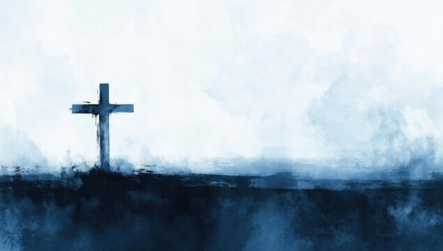 A weathered cross stands amidst the creeping fog.