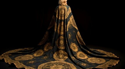 Woman in long, dark, patterned cape with gold celestial design, rear view, black background.
