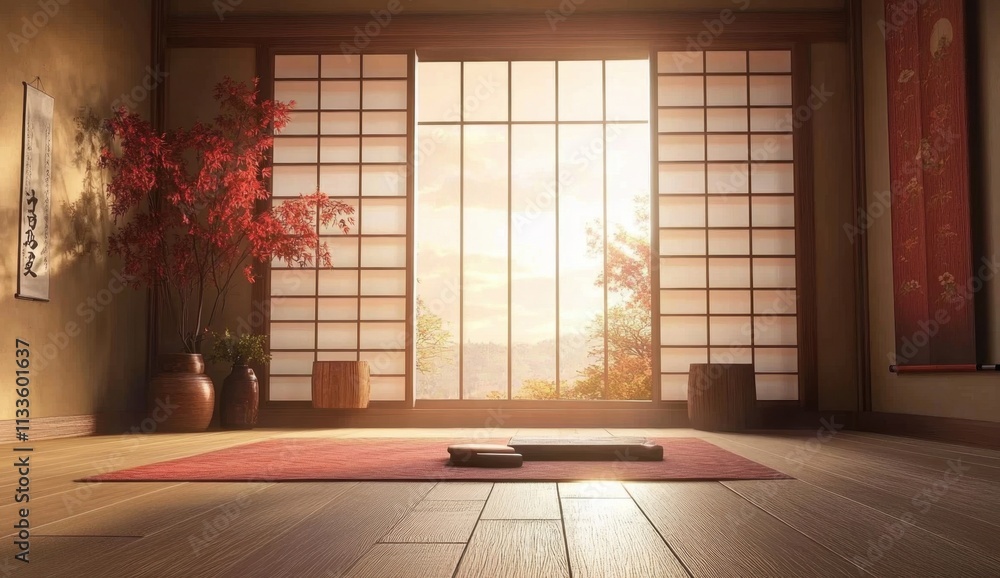 Poster sunlight streaming through an elegant tall window in a japanese setting