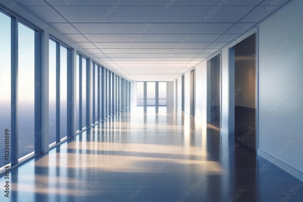 Poster an empty office hallway showcasing modern architecture and light-filled spaces.