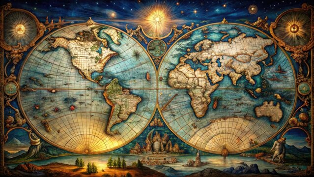 An antique 1730 world map, illuminated, depicting celestial hemispheres under a starry night, showcasing global navigation.