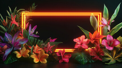 3D Neon Turquoise Rectangle Frame with Tropical Flowers on Black Background