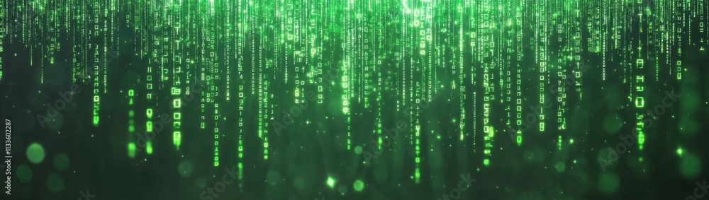 Poster mesmerizing digital rain of green code on a dark canvas.