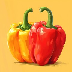 Vibrant red and yellow bell peppers in a close up macro shot on a bright orange background  These fresh organic vegetables are perfect for cooking healthy recipes and food photography