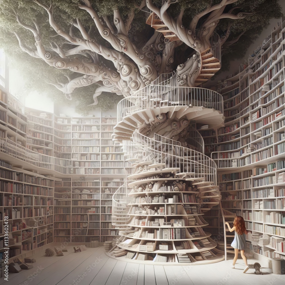 Poster a magical library featuring a spiral staircase winding around a large tree at its center. bookshelve
