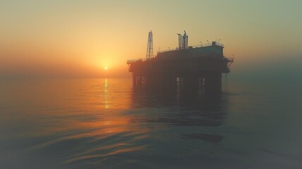 Fototapeta premium Oil Rig Silhouetted Against a Vibrant Sunset Over Calm Ocean Waters at Dusk. Generative AI