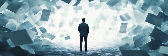 A businessman in a suit stands alone in a room surrounded by a swirling vortex