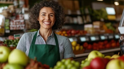 Friendly cashier with curly hair, green apron smiles at customer in supermarket. Fresh produce like apples, various grocery items surround cashier. Supermarket worker at checkout. Smiling worker at