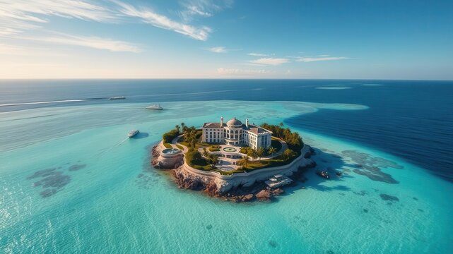 A stunning aerial view of a luxurious oceanfront property nestled on a private island, tropical, aerial view