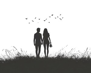A silhouette of a couple holding hands in a field, surrounded by nature, evokes feelings of love and tranquility, making it perfect for romantic themes and emotional connections.