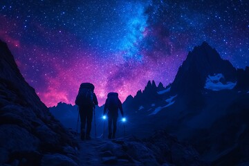 Two hikers silhouetted against a breathtaking view of the Milky Way stretching across the night sky above a majestic mountain range