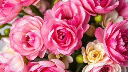 Fototapeta premium Close-up of beautiful pink and white ranunculus flowers blooming, ranunculus, petals, delicate