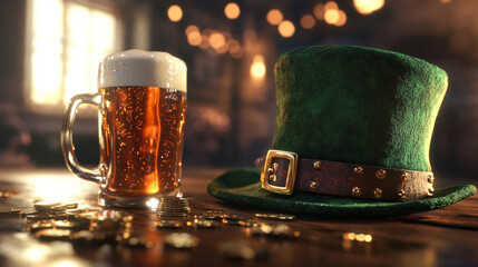 Celebrate St. Patricks Day with this vibrant green Irish hat on a wooden pub table next to a frothy beer mug. Warm pub lighting adds to the festive atmosphere.