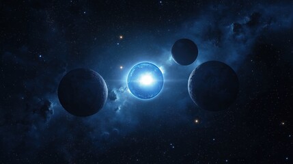 Naklejka premium Glowing blue star shines brightly in deep space. Planets orbit around. Dark nebulae clouds drift around cosmic bodies. Cosmic glow paints scene. Vast expanse shows cosmic bodies. Stunning view of new