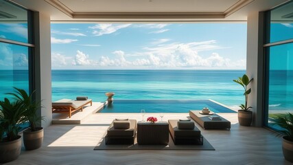 Fototapeta premium A stunning oceanfront luxury property available for rent, featuring breathtaking views, high-end amenities, and exclusive beach access, amenities, exclusive