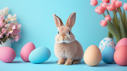 Fototapeta premium Easter bunny surrounded by painted eggs and spring flowers. Easter celebration.