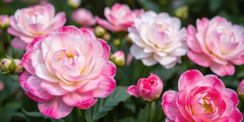 Obraz premium Close-up of pink and white ranunculus flowers blooming in a garden, blooming, pink, flora