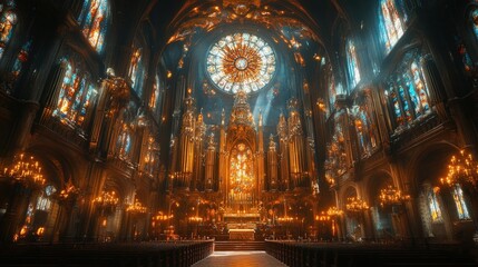 Obraz premium Ornate church interior, glowing candles, stained glass.