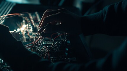 An electronics technician is focused on soldering small components onto a circuit board in a well-lit workshop