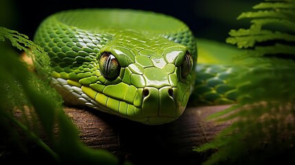 Fototapeta premium Close-up of a vibrant green snake's head, eyes focused, resting on a branch amidst lush green foliage.